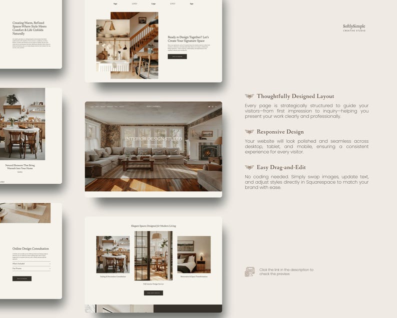 May include: A website template display featuring multiple page layouts for an interior design studio. The design includes sections for consultations, portfolio images, and service descriptions with text headers like Thoughtfully Designed Layout.