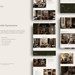 K&ouml;nnte beinhalten: Eine digitale Pr&auml;sentation einer Website-Vorlage mit mehreren Seitenlayouts in Dunkelbraun und Creme. Der Text enth&auml;lt Mobile Optimization, Responsive, Tablet & mobile responsive, 100% customizable, Add clickable link und Using free font.