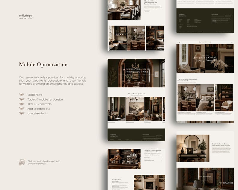 K&ouml;nnte beinhalten: Eine digitale Pr&auml;sentation einer Website-Vorlage mit mehreren Seitenlayouts in Dunkelbraun und Creme. Der Text enth&auml;lt Mobile Optimization, Responsive, Tablet & mobile responsive, 100% customizable, Add clickable link und Using free font.