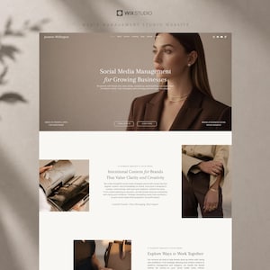 May include: A website interface for a media management studio featuring a hero section with a person in a brown blazer, text headers including Social Media Management for Growing Businesses, and sections with photography of a magazine and clothing.