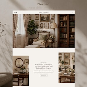 Könnte beinhalten: Eine Website-Startseite für Willow Darlington Interior Design Studio mit einem cremefarbenen Sessel, einem hohen Holzregal und gerahmten Wandbildern. Darunter zeigen zwei kleinere Abschnitte einen Schreibtisch aus Holz und ein Wohnzimmer.