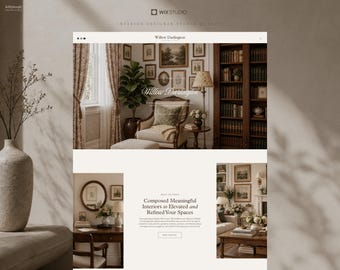 May include: A website landing page for Willow Darlington Interior Design Studio featuring a hero section with a cream-colored armchair, a tall wooden bookshelf, and framed wall art. Below, two smaller sections display a wooden desk and a living room.