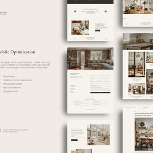 May include: A digital website template display featuring the text Mobile Optimization, a list of responsive features, and multiple screenshots of interior design web pages with neutral color palettes, clean typography, and various room layouts.