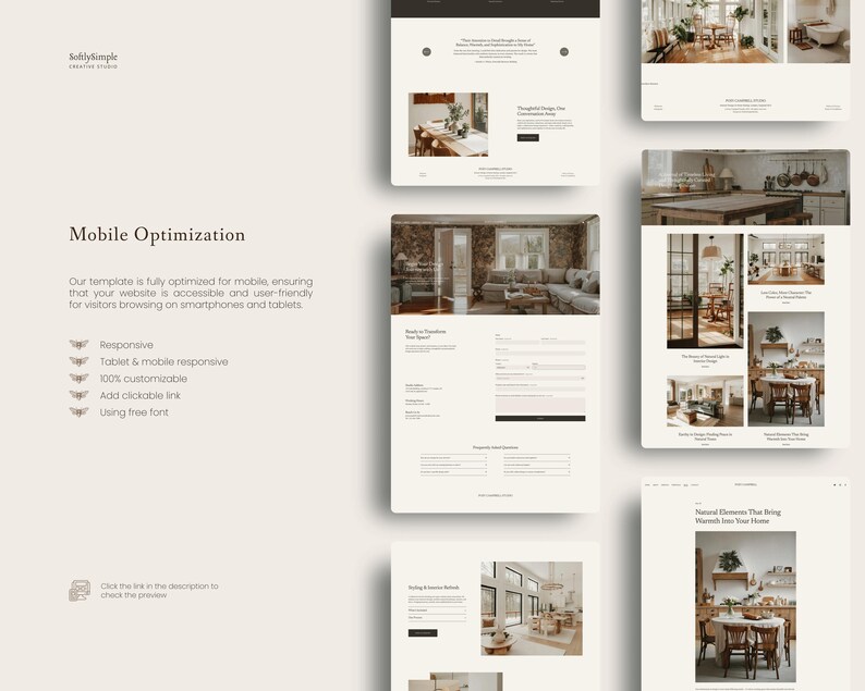 May include: A digital website template display featuring the text Mobile Optimization, a list of responsive features, and multiple screenshots of interior design web pages with neutral color palettes, clean typography, and various room layouts.
