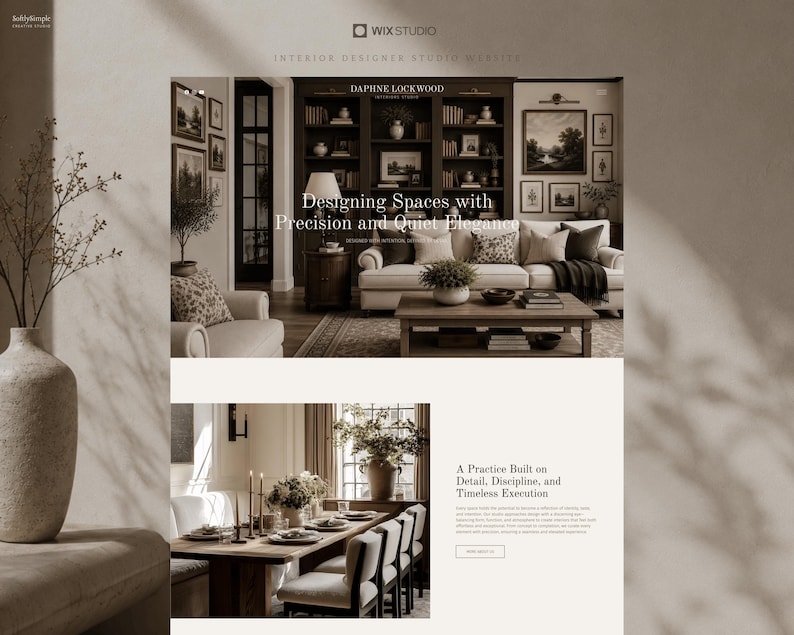 K&ouml;nnte beinhalten: Eine Website-Startseite f&uuml;r das Innenarchitekturstudio Daphne Lockwood mit einem Wohnzimmer mit cremefarbenem Sofa, dunklen Holzregalen und einem Essbereich mit Holztisch und St&uuml;hlen, alles in einer neutralen, warmen Farbpalette gehalten.