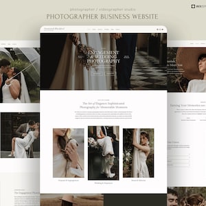 May include: A website template for a photographer business featuring a clean layout with white backgrounds, serif typography, and multiple image galleries showcasing wedding, engagement, and editorial photography with text headers.