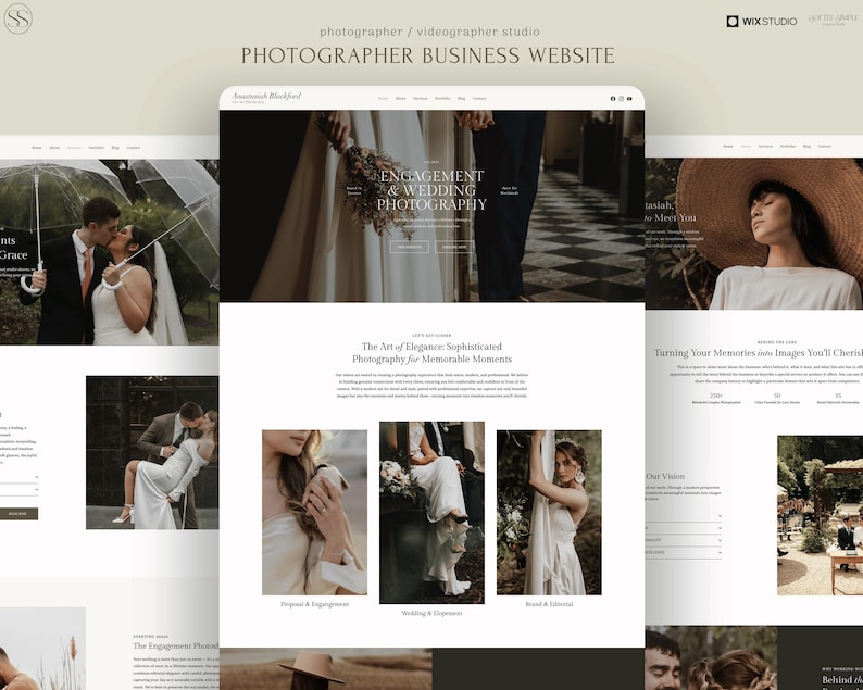 May include: A website template for a photographer business featuring a clean layout with white backgrounds, serif typography, and multiple image galleries showcasing wedding, engagement, and editorial photography with text headers.
