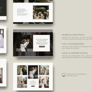 May include: A website template for wedding photographers featuring multiple layout previews, including hero sections with couples, gallery grids, and text blocks with headings like Mobile & Responsive and Easy Customization.