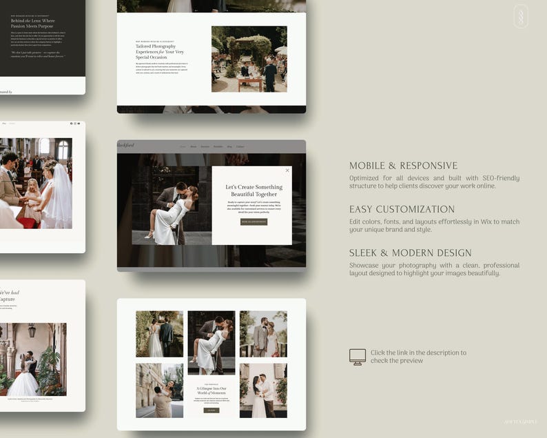 May include: A website template for wedding photographers featuring multiple layout previews, including hero sections with couples, gallery grids, and text blocks with headings like Mobile & Responsive and Easy Customization.