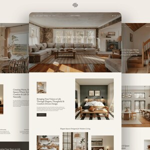 May include: A website layout for an interior design studio featuring multiple high-resolution photographs of residential living rooms, dining areas, and bedrooms. The design uses a neutral color palette with serif typography and text blocks.