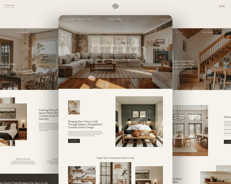 May include: A website layout for an interior design studio featuring multiple high-resolution photographs of residential living rooms, dining areas, and bedrooms. The design uses a neutral color palette with serif typography and text blocks.