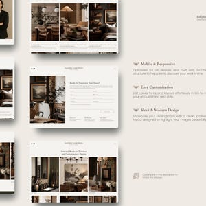 K&ouml;nnte beinhalten: Eine digitale Website-Vorlage mit mehreren Layout-Ansichten f&uuml;r ein Kreativstudio. Die Benutzeroberfl&auml;che enth&auml;lt Bereiche f&uuml;r Fotografie-Portfolios, Kontaktformulare und Leistungsbeschreibungen mit Texten wie Mobile & Responsive.