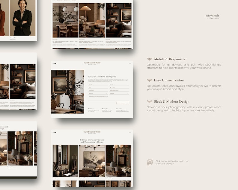 K&ouml;nnte beinhalten: Eine digitale Website-Vorlage mit mehreren Layout-Ansichten f&uuml;r ein Kreativstudio. Die Benutzeroberfl&auml;che enth&auml;lt Bereiche f&uuml;r Fotografie-Portfolios, Kontaktformulare und Leistungsbeschreibungen mit Texten wie Mobile & Responsive.