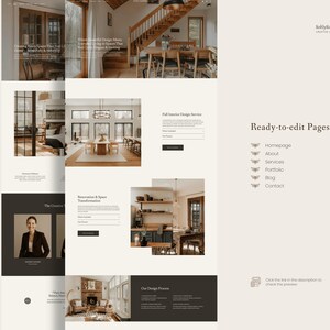 May include: A website template layout for an interior design studio titled SoftlySimple. The page features a neutral color palette, typography, and sections for services, portfolio, and contact information, with text labels like Ready-to-edit Pages.
