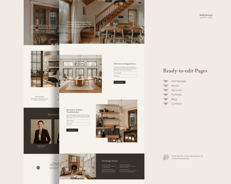May include: A website template layout for an interior design studio titled SoftlySimple. The page features a neutral color palette, typography, and sections for services, portfolio, and contact information, with text labels like Ready-to-edit Pages.