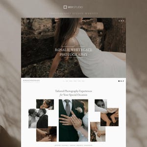 Könnte beinhalten: Ein Website-Layout für Rosalie Whitegate Photography mit einem Heldenbild einer Person in einem weißen Kleid, gefolgt von einem Abschnitt mit dem Titel Tailored Photography Experiences for Your Special Occasion mit einer Collage aus Hochzeitsfotos.