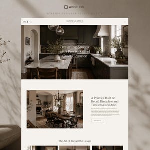 May include: A website landing page for Daphne Lockwood Interior Studio featuring a dark kitchen with marble countertops, text reading Designing Spaces with Precision and Quiet Elegance, and a section titled A Practice Built on Detail, Discipline and Timeless Execution.