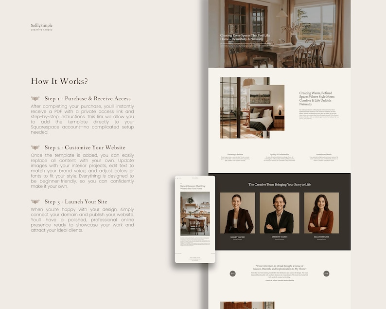 May include: A digital website template display featuring a How It Works section with three steps, a hero image of a dining room, a bedroom interior, and a team section with three professional portraits on a light beige background with dark text.