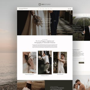 Könnte beinhalten: Webdesign für Verlobungs- und Hochzeitsfotografie. Die Seite zeigt ein klares Layout mit Bildern von Paaren und Hochzeitsdetails. Text enthält "Engagement & Wedding Photography" und "The Art of Elegance".