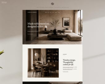 May include: A website interface for an interior design studio featuring a neutral color palette. The layout displays high-quality photography of a living room with a low coffee table and a dining area with a round table and chairs.