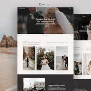 Könnte beinhalten: Webdesign für ein Fotostudio mit Hochzeitsbildern. Die Website enthält den Text "Erfassen Sie Ihre Momente mit zeitloser Kunst" und "Maßgeschneiderte Fotografie-Erlebnisse für Ihren ganz besonderen Anlass."