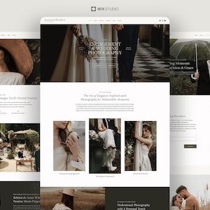 May include: A website layout for a photography business featuring multiple sections with wedding and engagement imagery. The design includes text headers such as Engagement & Wedding Photography, The Art of Elegance, and various navigation menus.