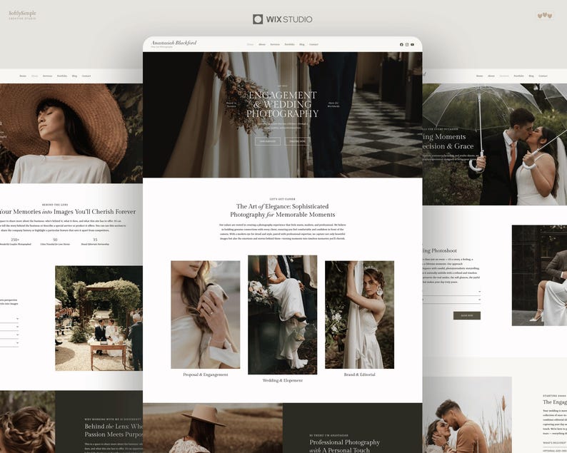 May include: A website layout for a photography business featuring multiple sections with wedding and engagement imagery. The design includes text headers such as Engagement & Wedding Photography, The Art of Elegance, and various navigation menus.