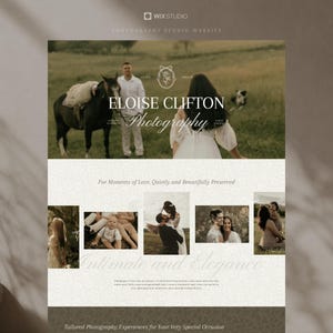 May include: A website layout for Eloise Clifton Photography featuring a hero image of a person with a horse and a person in a white dress in a field, followed by a grid of smaller portrait photographs and text including the business name.