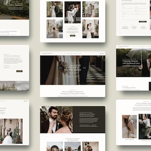 May include: A collection of website interface layouts for a wedding photography business, featuring various photographs of couples in formal attire, text headers such as Engagement & Wedding Photography, and contact forms on a neutral background.