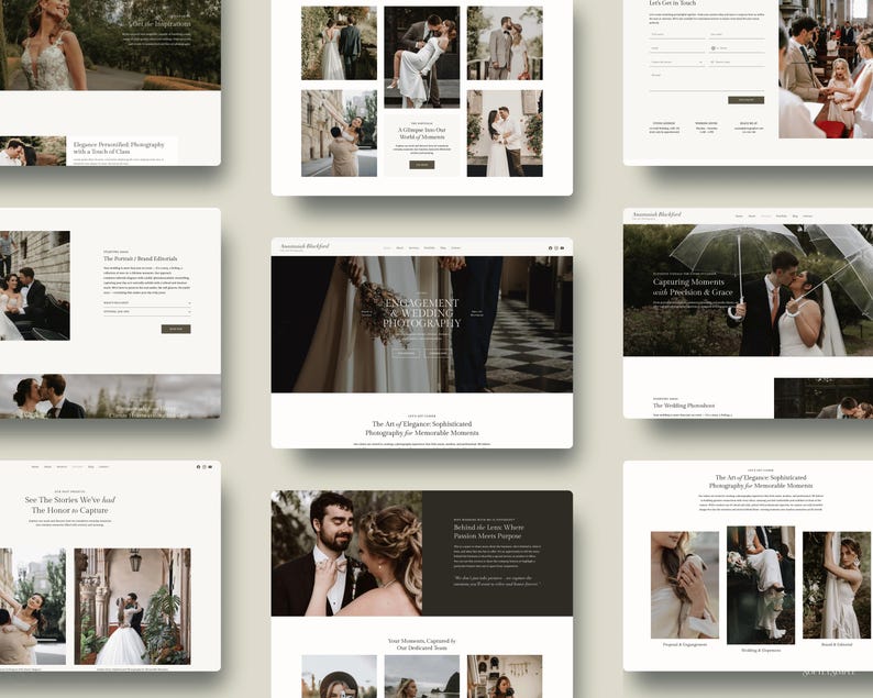 May include: A collection of website interface layouts for a wedding photography business, featuring various photographs of couples in formal attire, text headers such as Engagement & Wedding Photography, and contact forms on a neutral background.