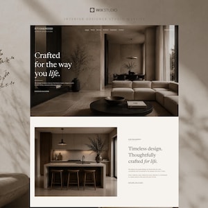 May include: A website landing page for Ivy Oakwood Interior Design Studio featuring a neutral colour palette. The layout displays a living room with a beige sofa and a kitchen with a central island, accompanied by text reading Crafted for the way you life.
