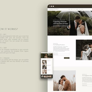 May include: A digital website template for wedding photography featuring a desktop view and a mobile view. The layout includes sections titled How It Works, The Wedding Photoshoot, and The Engagement Photoshoot, showcasing various photographs of couples.
