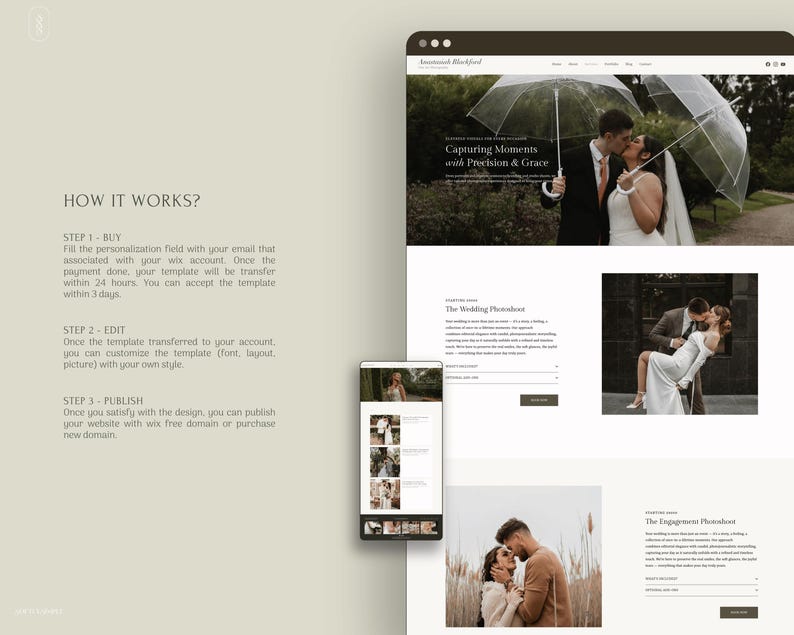 May include: A digital website template for wedding photography featuring a desktop view and a mobile view. The layout includes sections titled How It Works, The Wedding Photoshoot, and The Engagement Photoshoot, showcasing various photographs of couples.