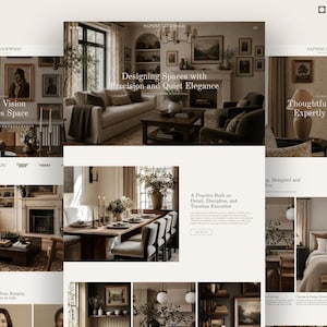 K&ouml;nnte beinhalten: Ein Website-Layout f&uuml;r Daphne Lockwood mit Innenarchitektur-Fotografie. Die Seiten zeigen Wohnzimmer, Essbereiche und Schlafzimmer in neutralen T&ouml;nen mit Text&uuml;berlagerungen wie 'Designing Spaces with Precision and Quiet Elegance'.