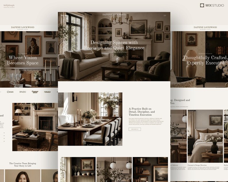 K&ouml;nnte beinhalten: Ein Website-Layout f&uuml;r Daphne Lockwood mit Innenarchitektur-Fotografie. Die Seiten zeigen Wohnzimmer, Essbereiche und Schlafzimmer in neutralen T&ouml;nen mit Text&uuml;berlagerungen wie 'Designing Spaces with Precision and Quiet Elegance'.