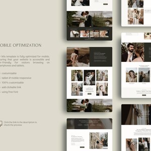 May include: A digital display of a Wix website template for wedding photography, featuring multiple layout views, dark and light color schemes, and various photographic images of couples. Text includes MOBILE OPTIMIZATION and feature lists.