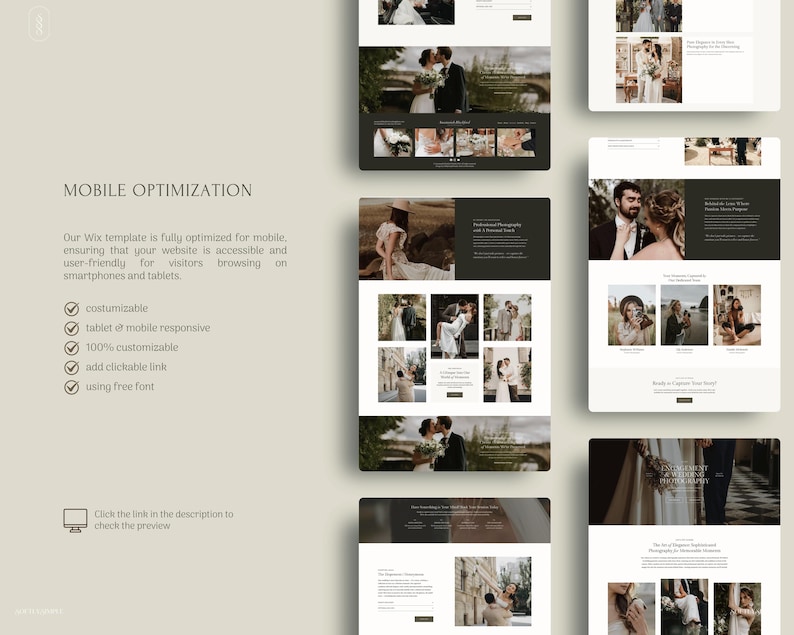 May include: A digital display of a Wix website template for wedding photography, featuring multiple layout views, dark and light color schemes, and various photographic images of couples. Text includes MOBILE OPTIMIZATION and feature lists.