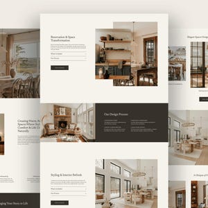 May include: A website layout design featuring multiple sections for an interior design service. The page includes headings like Renovation & Space Transformation, Our Design Process, and Styling & Interior Refresh, with various photographs of home interiors.