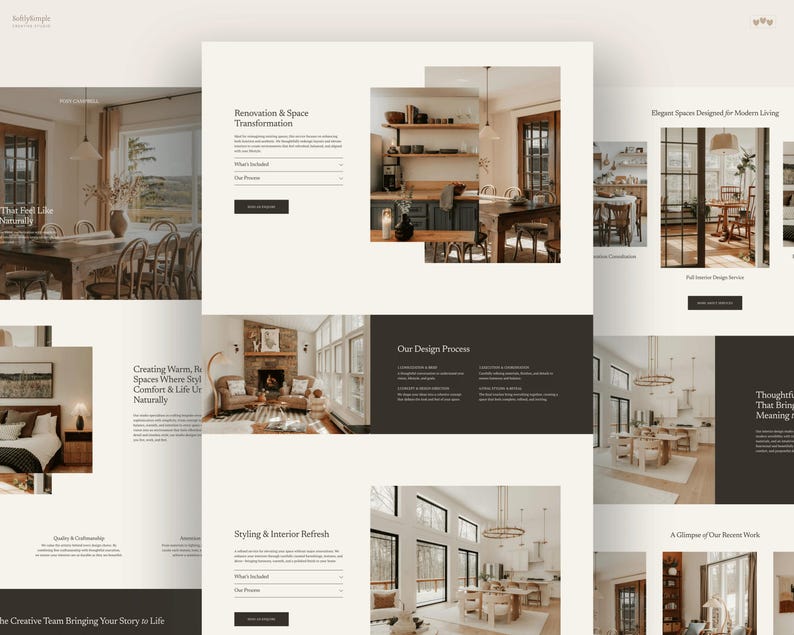 May include: A website layout design featuring multiple sections for an interior design service. The page includes headings like Renovation & Space Transformation, Our Design Process, and Styling & Interior Refresh, with various photographs of home interiors.