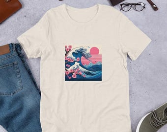 Men's Minimalist Japanese Style T-shirt With Artistic Tsunami and Cherry Blossom Design Comfy Casual Perfect Gift