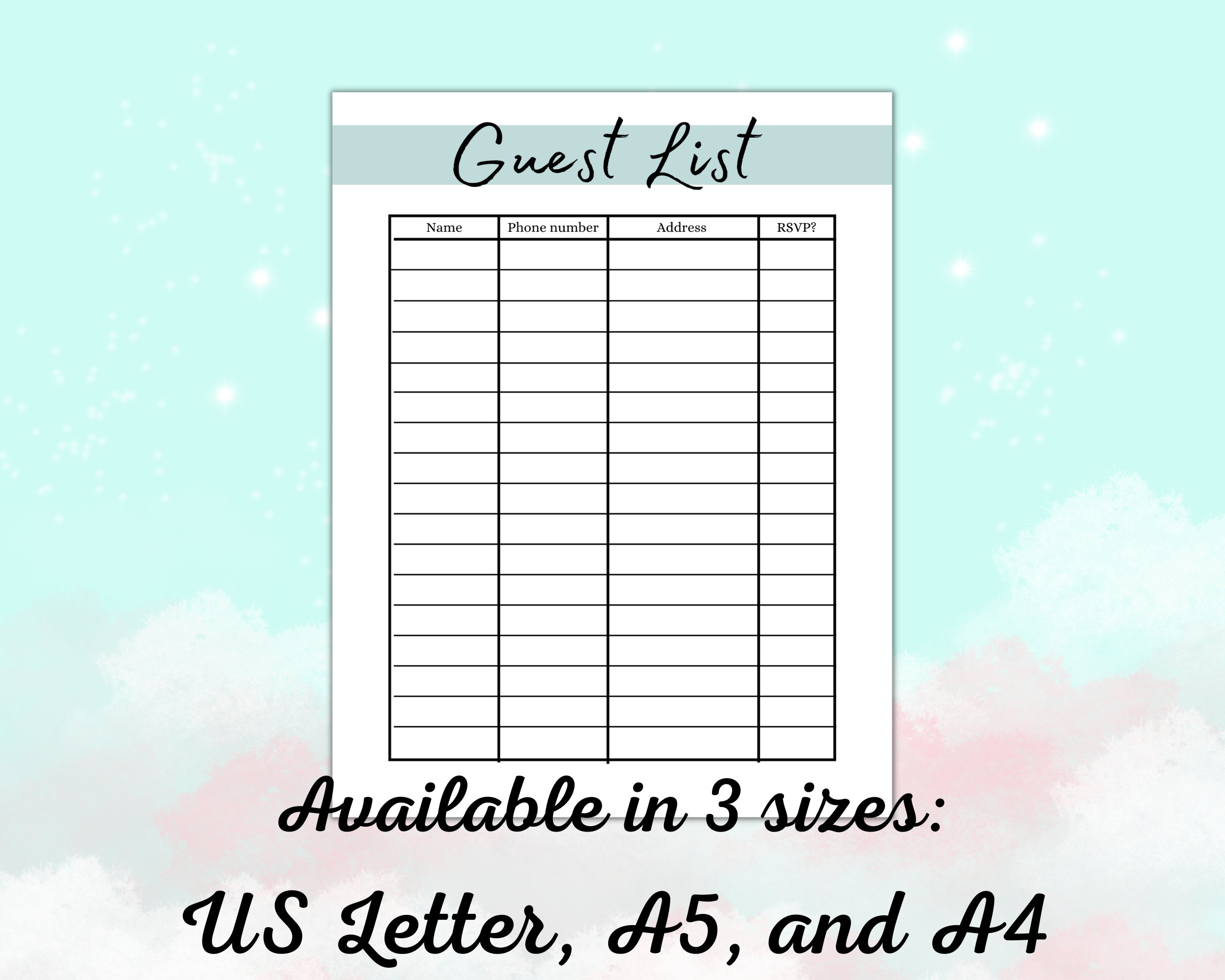 Wedding Guest List Printable, Baby Shower Guest List, Party Guest List