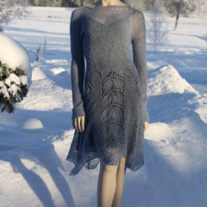 Mohair Silk Gray Dress/Mohair Thin Delicate Lace Dress/Boho Knitted Lace Dress/Long Sleeve Dress/Soft Warm Fluffy/Airy Soft/Lightweight