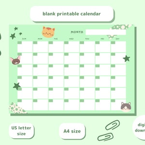 Blank Monthly Calendar | Cute Cat Calendar| Cute Stationery | Instant Download | Digital Download | Cat Calendar | Printable Blank Calendar