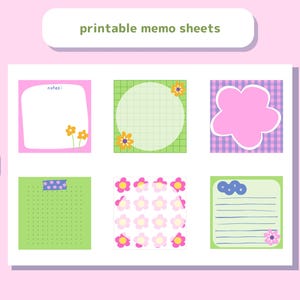 Blanco memobladen met bloemen | Leuk briefpapier | Direct downloaden | Digitale download | Afdrukbare memobladen | Post-it | Roze en groen