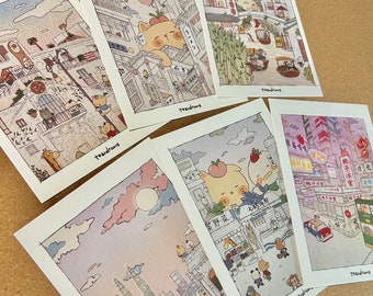 6 pcs Tozi illustrated postcards, Animal illustration, Landscape Art, Japan, Food illustration, Postcard set, Home Decor, Gift