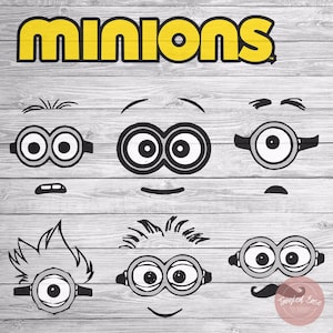 Puede incluir: Ilustraciones en blanco y negro de seis personajes de Minion diferentes de la franquicia de películas Despicable Me. Los personajes son todos sonrientes y tienen ojos grandes. La palabra "Minions" está escrita en letras amarillas en la parte superior de la imagen.