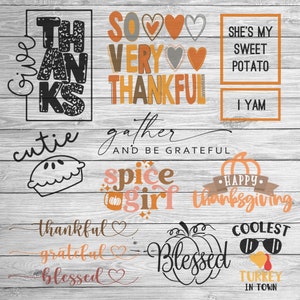 May include: A collection of Thanksgiving-themed digital designs featuring phrases like "Give Thanks", "So Very Thankful", "Gather and Be Grateful", "Spice Girl", "Happy Thanksgiving", "Coolest Turkey in Town", and "Blessed".