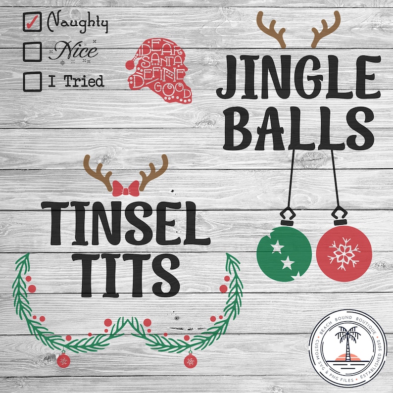May include: A digital download of two Christmas-themed SVG files. The first design features the text "Jingle Balls" with two hanging ornaments. The second design features the text "Tinsel Tits" with a wreath and reindeer antlers.