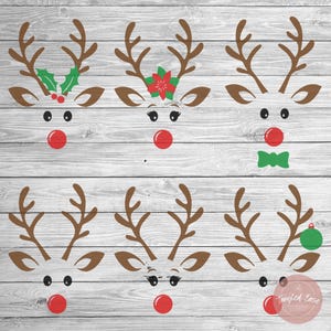 May include: Six different reindeer face designs with various Christmas decorations. The designs include a red bow, a green bow, a red flower, a green holly sprig, and a green ornament. The reindeer faces are all brown with white eyes and a red nose.