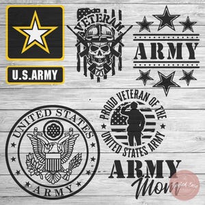 May include: Black and white graphic design featuring a military theme. The design includes a star, a skull, a soldier saluting, and the words "U.S. ARMY", "PROUD VETERAN OF THE UNITED STATES ARMY", and "ARMY MOM".